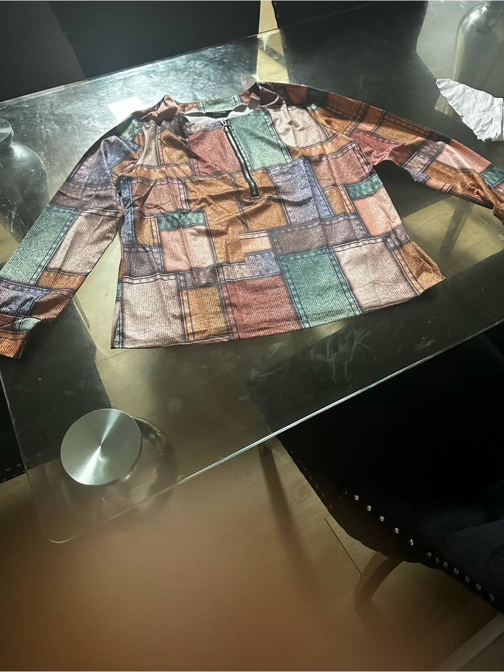 SHEIN Multicolor Patchwork Long-Sleeve Zip Front Shirt